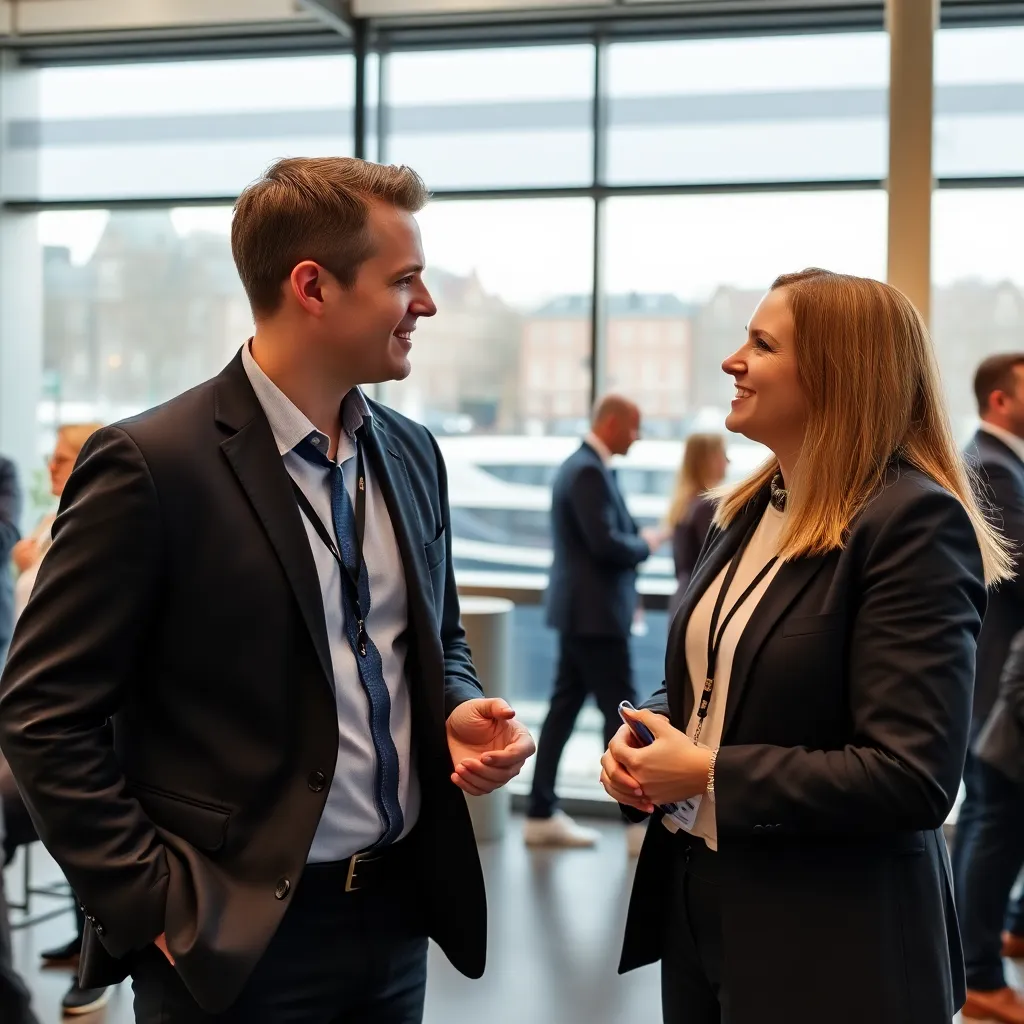 Twee Nederlandse professionals in gesprek tijdens een netwerkbijeenkomst